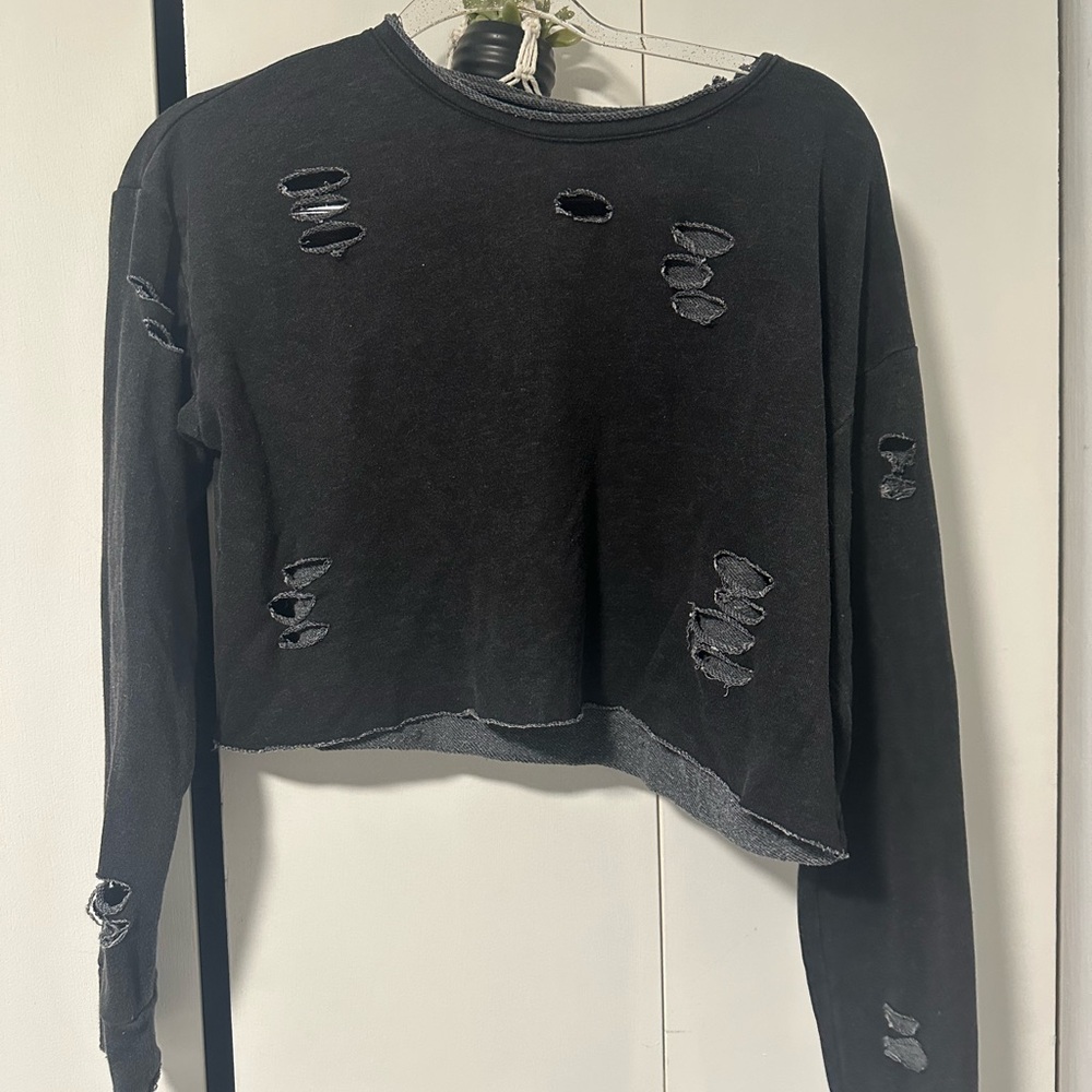Forever 21 Black Distressed Crop Hoodie